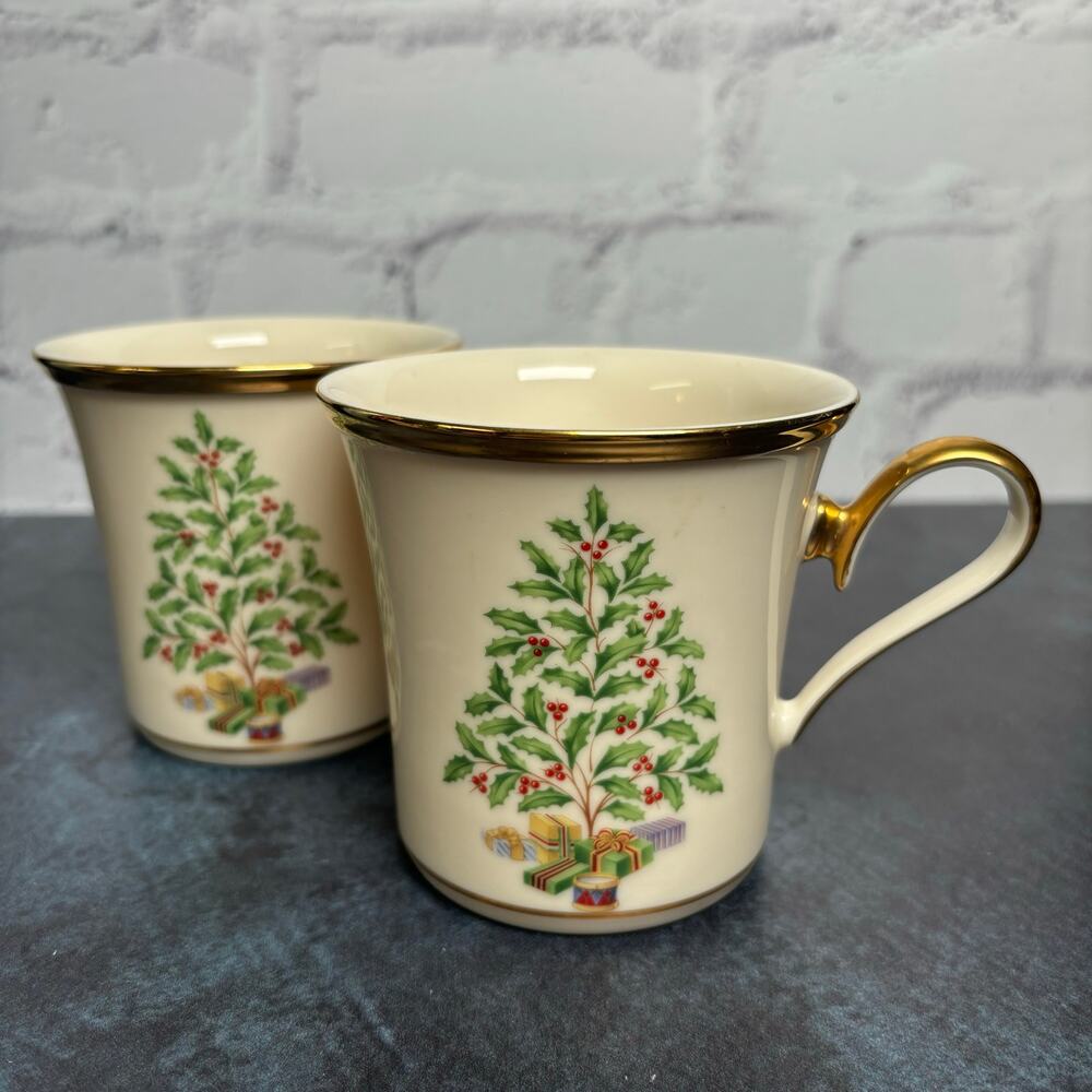 Lenox Holiday Tree Gold Handle Coffee Mugs Christmas Mugs Set of 2